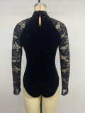 Retro Velvet Party Sexy & Elegant Mock Neck Lace Bodysuit