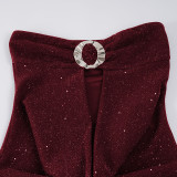 Women Solid Color Sparkly Bow Detail Hollow-Out Strapless Party Bodycon Dress