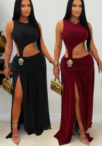 Women Fashionable Sexy Solid Color Sleeveless Cut Out Slit Dress