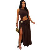 Women Fashionable Sexy Solid Color Sleeveless Cut Out Slit Dress