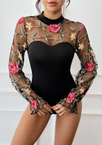 Sexy & Sweet Lace Patchwork See-Through Embroidery Long Sleeves Mock Neck Bodysuit