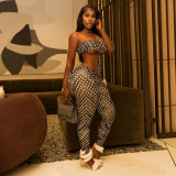 Autumn/Winter Women Fashionable Patchwork Print Sexy Hollow-Out Strapless Low-Back Tight-Fitting Jumpsuit