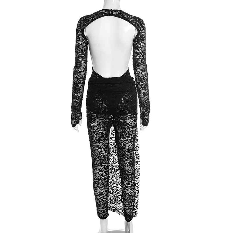 Women Lace Long-Sleeve Hollow-Out Tie Detail & Tight-Fitting Two-Piece Pants Set