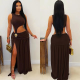 Women Fashionable Sexy Solid Color Sleeveless Cut Out Slit Dress