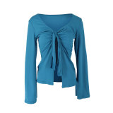Autumn Women Solid Color Knot Bell Sleeve Slit Crop Top Tee