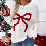 Autumn/Winter Women Christmas & Valentine's Day Color-Blocked Bow Jacquard Pullover Sweater