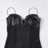 Sexy & Elegant Lace-Up Strap Mesh & Leather Patchwork Slim Long Dress