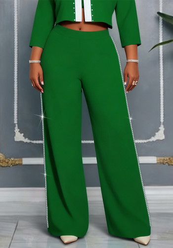 Plus Size Women Green Rhinestone-Studded Wide-Leg Pants