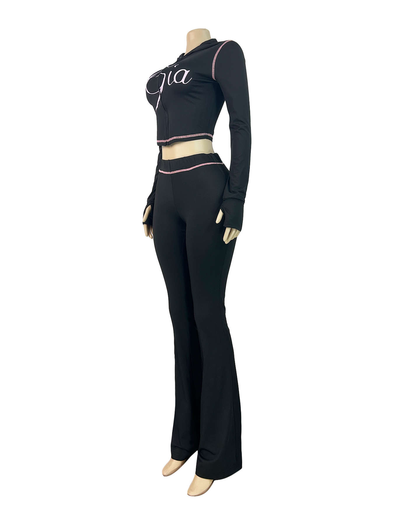 Women Printed Hooded Long-Sleeve Thumb Button Top and Pant Two-Piece Set