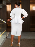 Plus Size Women White V-Neck Puff Sleeve Embroidered Ruffle Top and Skirt Two-Piece Set