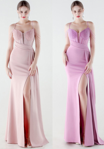 Women Sequined Chain Mermaid Slit Elegant Evening Dress