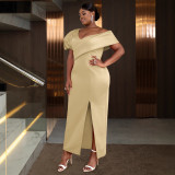 Plus Size Women Irregular Off-Shoulder Dress with Slit Formal Party Puff Sleeve Bodycon Maxi Dress