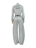 Women Casual Lace-Up Hooded Top and Wide-Leg Pants Two-Piece Set