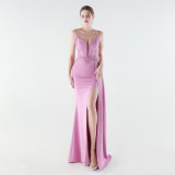 Women Mermaid Lace-Up Beaded Evening Dress