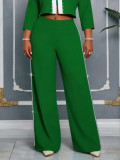 Plus Size Women Green Rhinestone-Studded Wide-Leg Pants