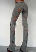Women Autumn/Winter Hollow-Out Ripped Knitting Pants