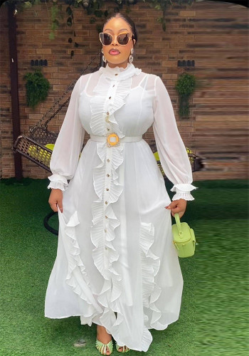 Plus Size Women White Chiffon Ruffle Stand Collar Long-Sleeve Dress Two-Piece Set