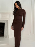 Women Autumn/Winter Cable Knit Solid Long-Sleeved Dress