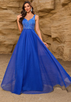 Women Elegant Sequin Patchwork Mesh Double-Neck Sleeveless Party Maxi Dress