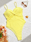 Women Bikini Yellow Striped Lace-Up One-Piece Swimwear