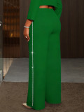 Plus Size Women Green Rhinestone-Studded Wide-Leg Pants