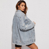 Women Long-Sleeve Ripped Tassel Denim Jacket