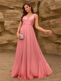 Women Elegant Sequin Patchwork Mesh Double-Neck Sleeveless Party Maxi Dress