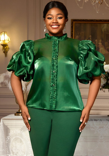 Plus Size Women Dark Green Ruffle Edge Stand Collar See-Through Shirt Top
