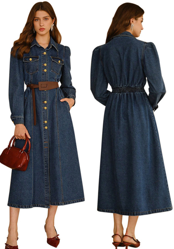 Women Long-Sleeve Denim Maxi Dress