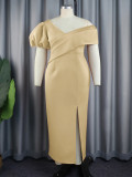 Plus Size Women Irregular Off-Shoulder Dress with Slit Formal Party Puff Sleeve Bodycon Maxi Dress