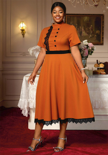 Plus Size Women Lace Short Sleeve Patchwork Stand Collar Formal Party Dress