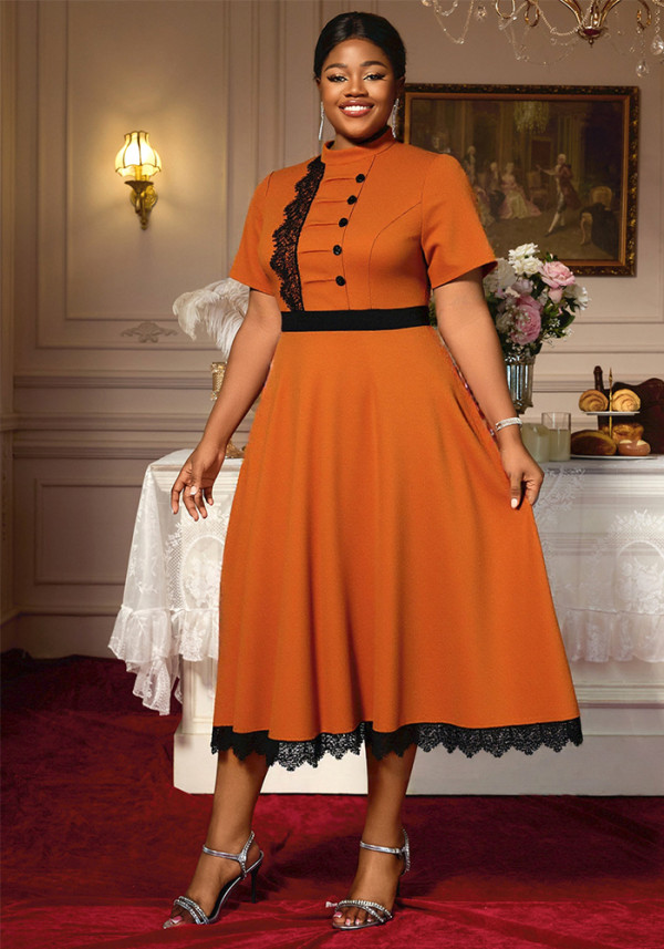 Plus Size Women Lace Short Sleeve Patchwork Stand Collar Formal Party Dress