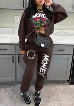 Women Casual Round Neck Long-Sleeved Printed Top and Pants Two-Piece Set