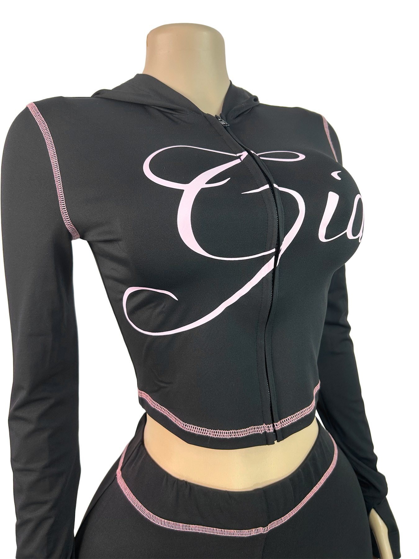 Women Printed Hooded Long-Sleeve Thumb Button Top and Pant Two-Piece Set