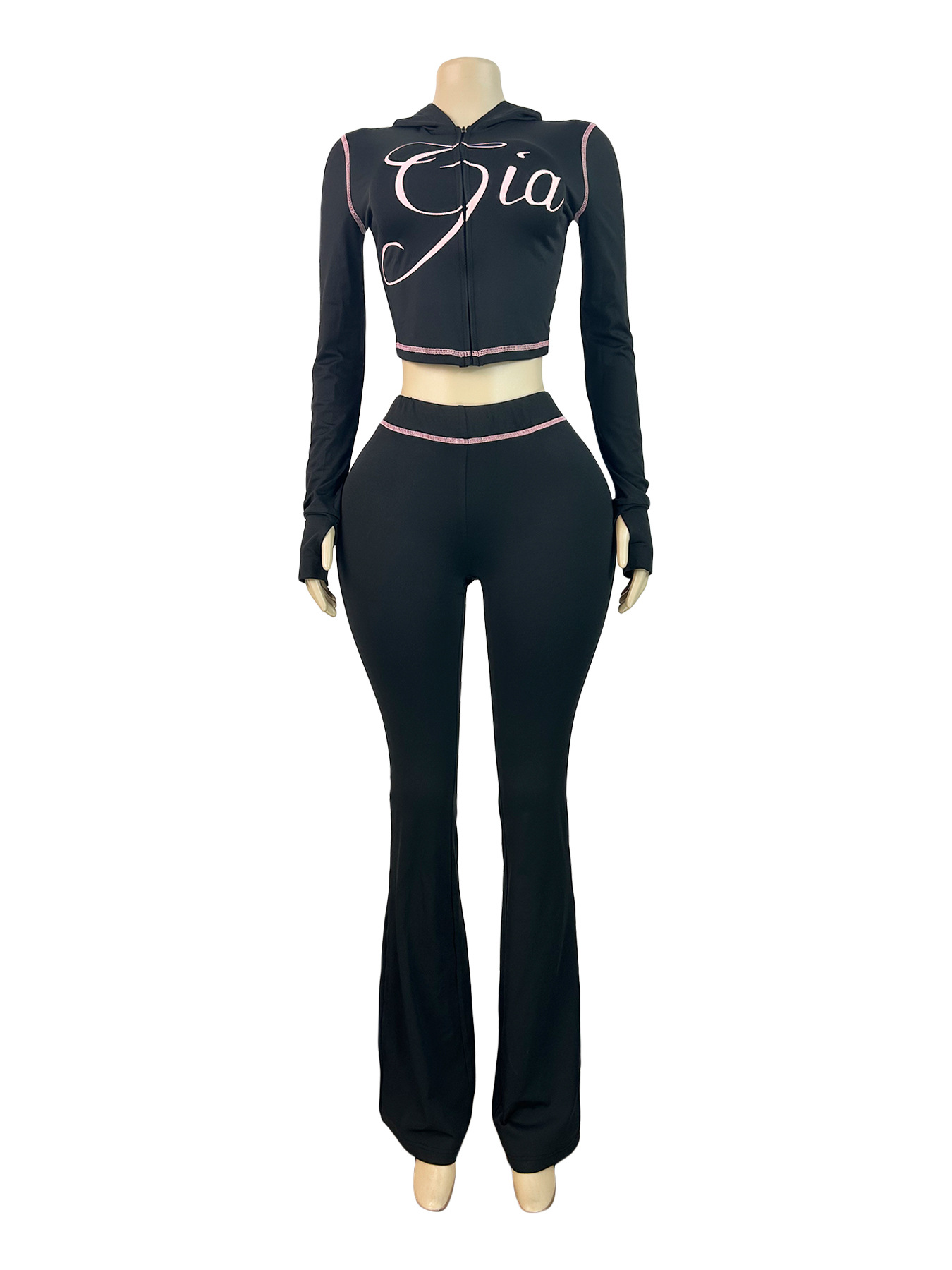Women Printed Hooded Long-Sleeve Thumb Button Top and Pant Two-Piece Set