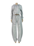 Women Casual Lace-Up Hooded Top and Wide-Leg Pants Two-Piece Set