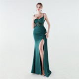Women Beaded Mermaid Lace-Up Evening Dress