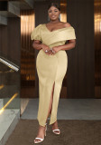 Plus Size Women Irregular Off-Shoulder Dress with Slit Formal Party Puff Sleeve Bodycon Maxi Dress