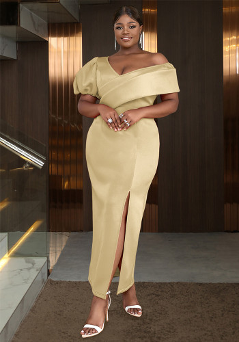 Plus Size Women Irregular Off-Shoulder Dress with Slit Formal Party Puff Sleeve Bodycon Maxi Dress