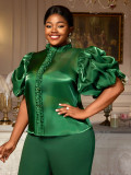 Plus Size Women Dark Green Ruffle Edge Stand Collar See-Through Shirt Top