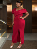Plus Size Women Irregular Off-Shoulder Dress with Slit Formal Party Puff Sleeve Bodycon Maxi Dress