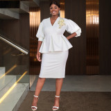 Plus Size Women White V-Neck Puff Sleeve Embroidered Ruffle Top and Skirt Two-Piece Set