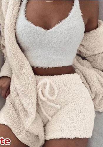 Women Winter Casual Pajama Shorts 3-Piece Set