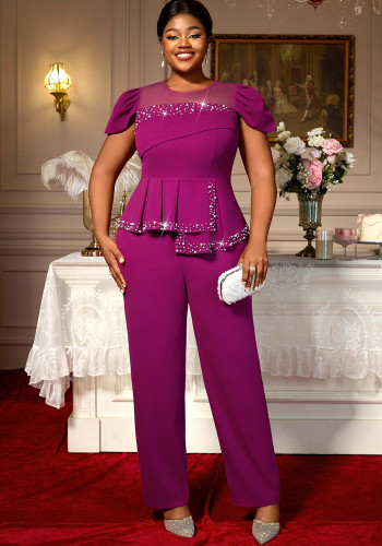 Plus Size Women Beaded Puff Sleeve Formal Party Jumpsuit