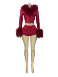 Women Elegant Furry Shiny Stretchy Top and Shorts Two-Piece Set