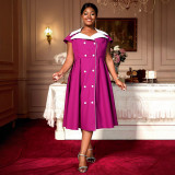 Plus Women Rose Color Block Turndown Collar Elegant Formal Party Dress