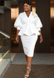 Plus Size Women White V-Neck Puff Sleeve Embroidered Ruffle Top and Skirt Two-Piece Set
