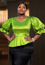Plus Size Women Green Puff Sleeve Irregular Ruffle Top