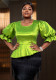 Plus Size Women Green Puff Sleeve Irregular Ruffle Top