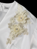 Plus Size Women White V-Neck Puff Sleeve Embroidered Ruffle Top and Skirt Two-Piece Set